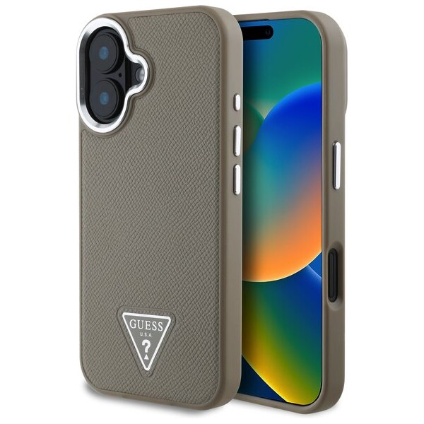 Guess PU Grained Triangle Logo kryt pro iPhone 16 hnědý