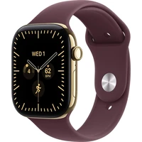 Apple Watch Series 12 Cellular (42mm) Zářivě zlatý titan s burgundsky červeným sportovním řemínkem M - Chytré hodinky