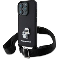 Karl Lagerfeld Saffiano Crossbody Popruh Metal Karl and Choupette kryt pro iPhone 16 Pro černý - Pouzdra