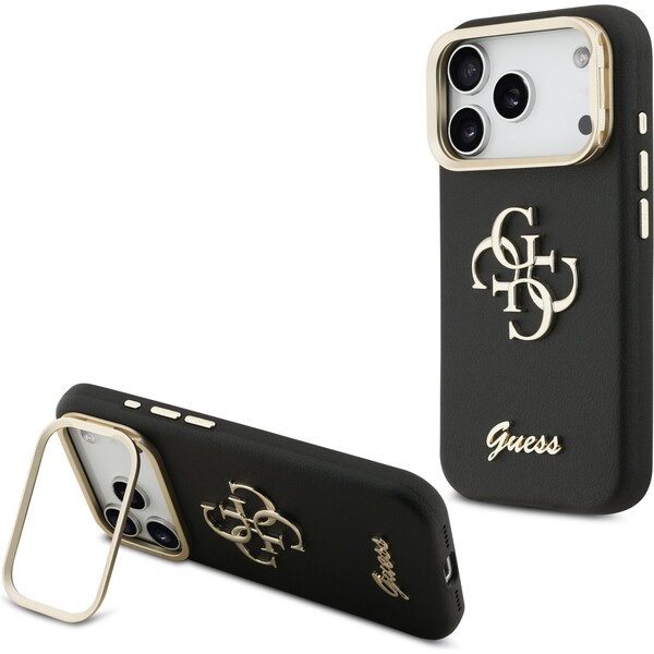 Guess PU Grained 4G Logo Stand Camera Frame kryt iPhone 17 Pro černý