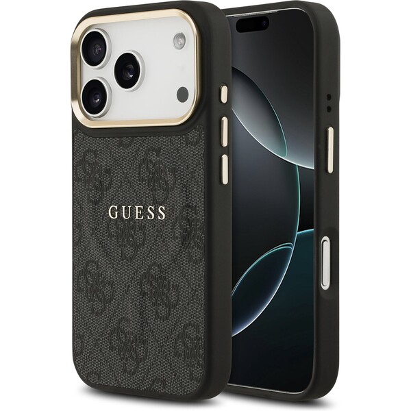 Guess PU Leather 4G Gold Frame MagSafe kryt iPhone 17 Pro černý