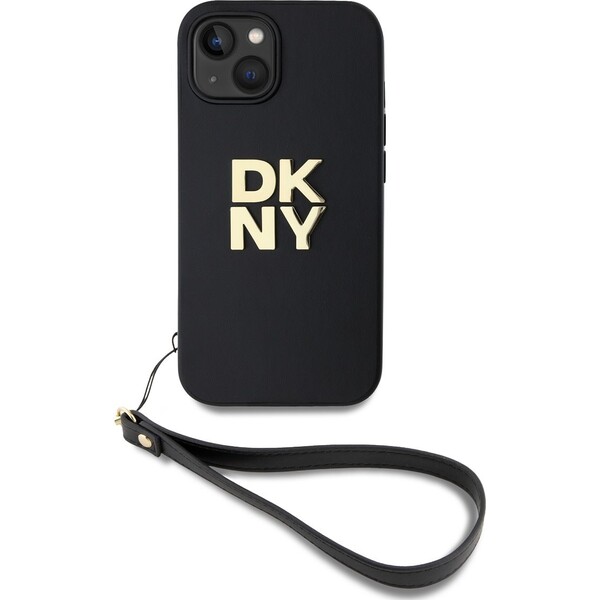 DKNY PU Leather Stack Logo Wrist Strap kryt iPhone 13 černý