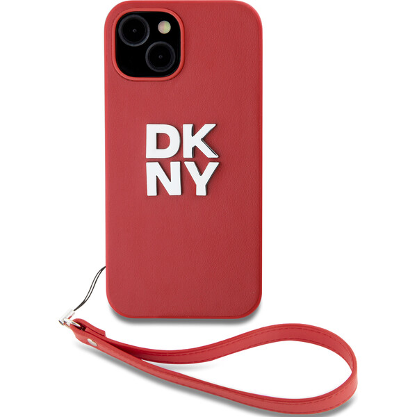 DKNY PU Leather Stack Logo Wrist Strap kryt iPhone 14 červený