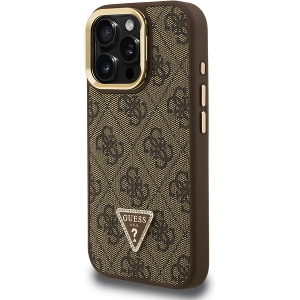 Guess PU 4G Strass Triangle Logo Stand Camera Frame MagSafe kryt iPhone 16 Pro hnědý - Pouzdra - Obrázek bca71793a72941069e0577a7c074091a