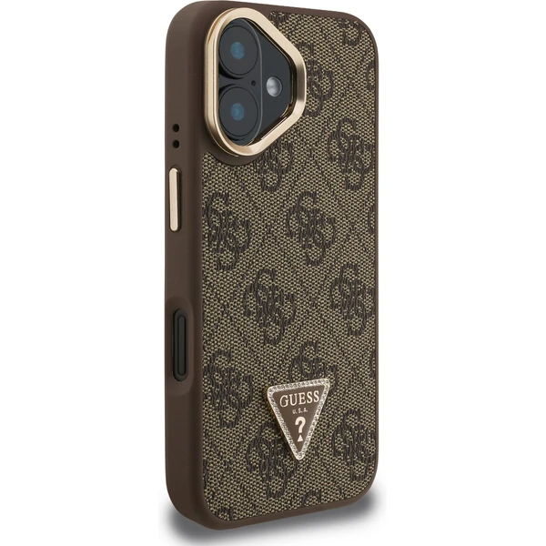 Guess PU 4G Strass Triangle Logo Stand Camera Frame MagSafe kryt iPhone 16 hnědý - Pouzdra - Obrázek bcb4bfb10f1c445992f7bdccc5a3ef74