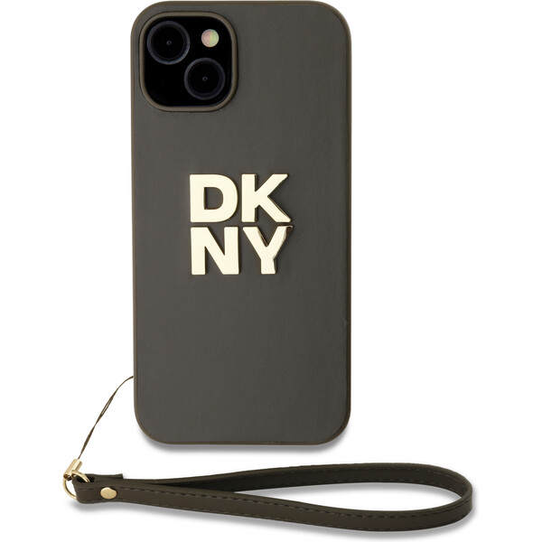 DKNY PU Leather Stack Logo Wrist Strap kryt iPhone 13 hnědý