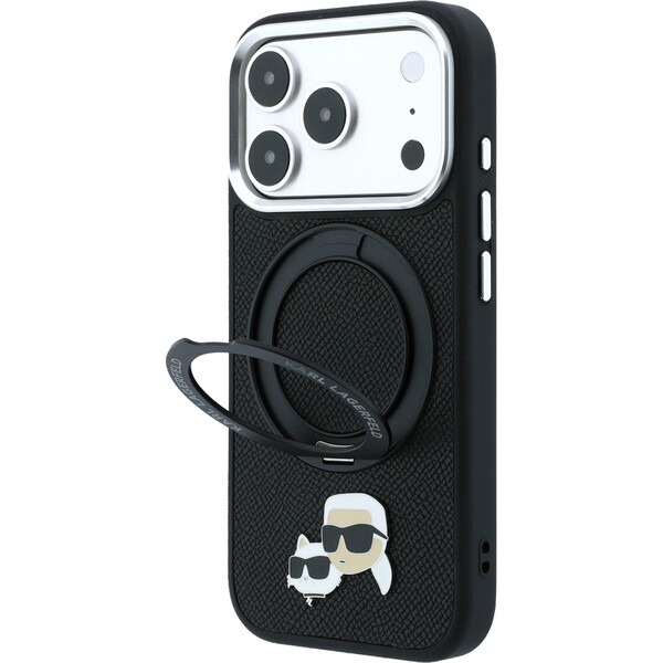 Karl Lagerfeld PU Grained K&CH Heads Ring Stand Magsafe kryt iPhone 18 Pro černý