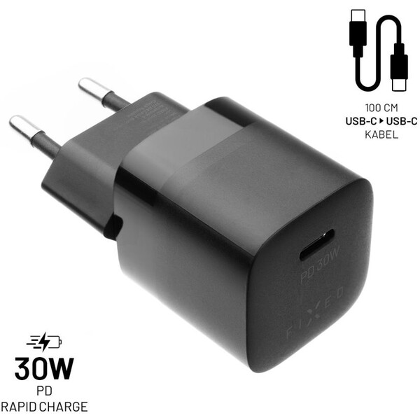 FIXED Mini nabíječka s USB-C výstupem a kabelem USB-C 1 metr PD 30W černá