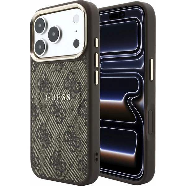 Guess PU Leather 4G Gold Frame Embossed MagSafe kryt iPhone 18 Pro Max hnědý
