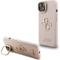 Guess PU Grained 4G Logo Stand Camera Frame kryt iPhone 15 růžový - Pouzdra