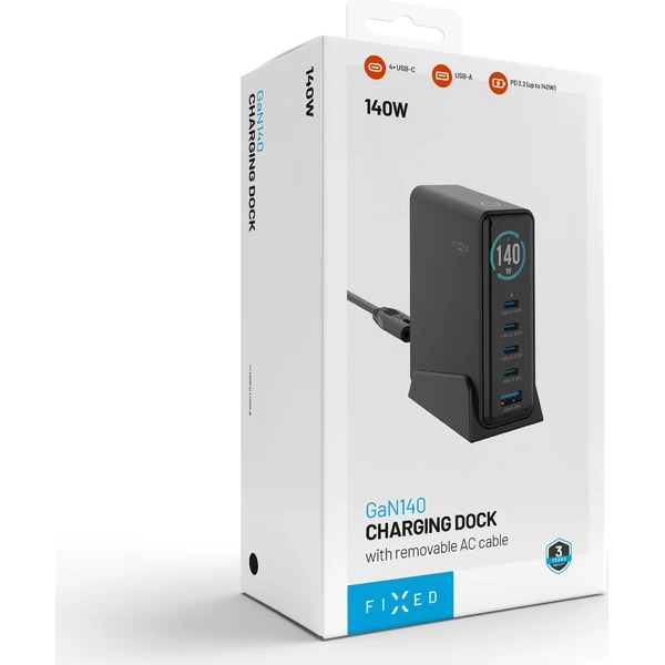FIXED GaN nabíjecí stanice s displejem, USB-C a USB, PD 3.2 (140W) černá - Nabíječky - Obrázek c408babf54d042fa9694d538006decf2