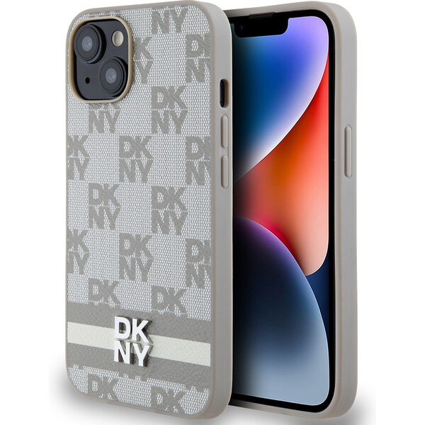 DKNY PU Leather Checkered Pattern and Stripe kryt iPhone 14 béžový