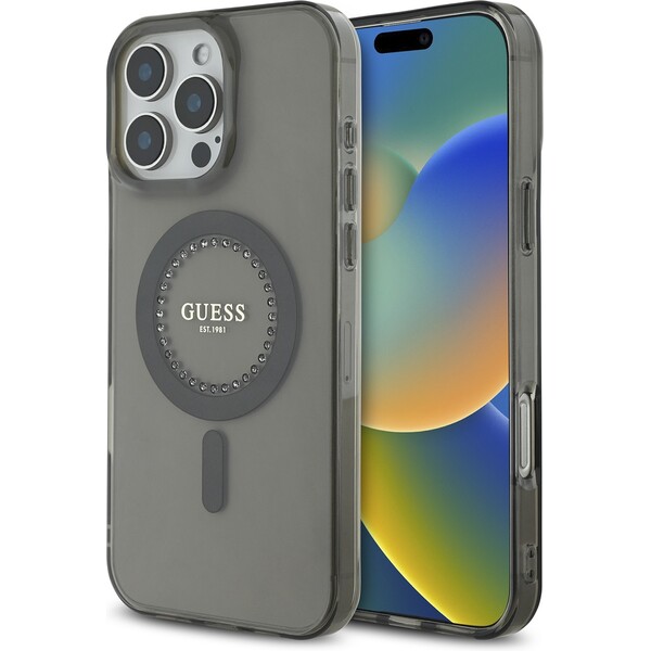 Guess IML Rhinestones Ring MagSafe kryt iPhone 16 Pro Max černý