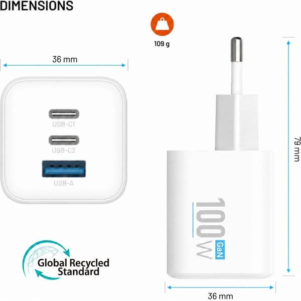 FIXED Mini GaN nabíječka s 2x USB-C a USB-A, PD, 100W, bílá - Nabíječky - Obrázek c755cbd3e87041dabf77c89bcecedb8d