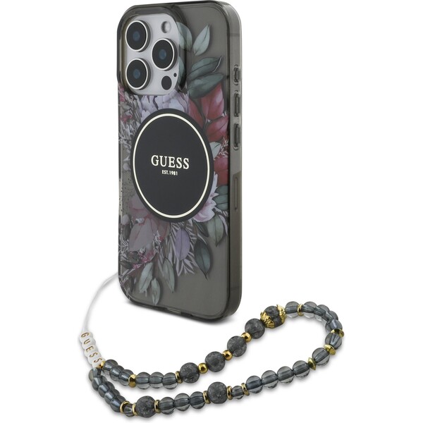 Guess IML Flowers Pearl Strap MagSafe kryt iPhone 16 Pro Max černý