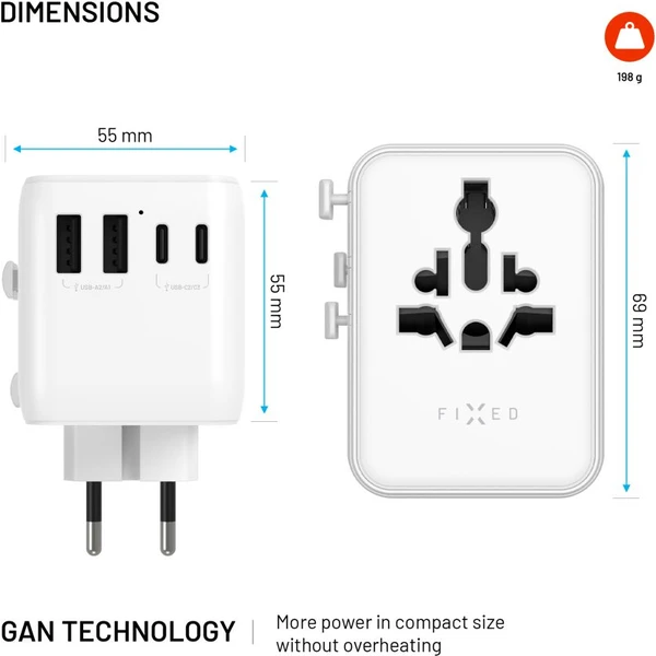 FIXED Voyager (70W) cestovní adaptér pro EU/UK/USA/AUS, 3xUSB-C a 2xUSB, GaN, PD bílý - Nabíječky - Obrázek c95b08ed5c774345b8e8baa24f691aa8