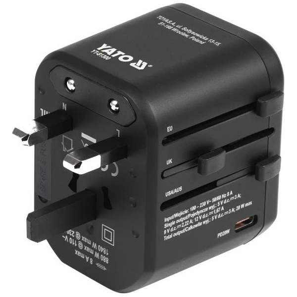 Vasco Yato univerzální cestovní adaptér, PD USB-C, QC3.0 USB-A, - Nabíječky - Obrázek caea1c81cdb34e89b952ae9386575533