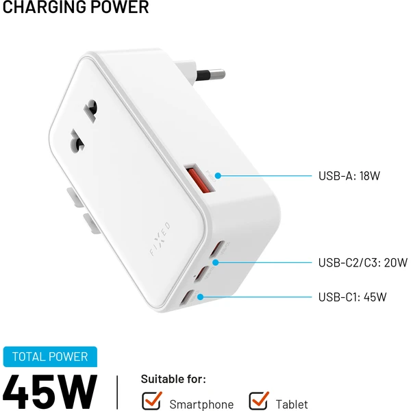 FIXED Voyager Slim 45W cestovní GaN adaptér (PD) pro EU, UK a USA/AUS, bílý - Nabíječky - Obrázek cd4193b7ade64b0aa3b704e62c521852