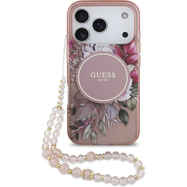 Guess IML Flowers Strap MagSafe kryt iPhone 17 Pro růžový