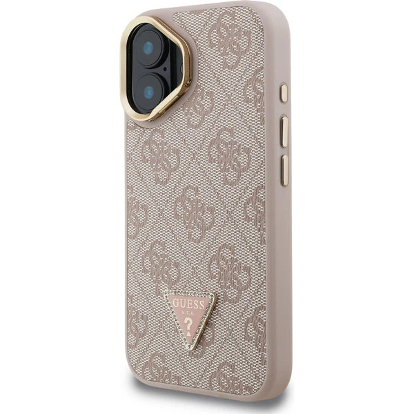 Guess PU 4G Strass Triangle Logo Stand Camera Frame MagSafe kryt iPhone 16 růžový - Pouzdra - Obrázek d5852c97120846e890bf7d46c398b5ac