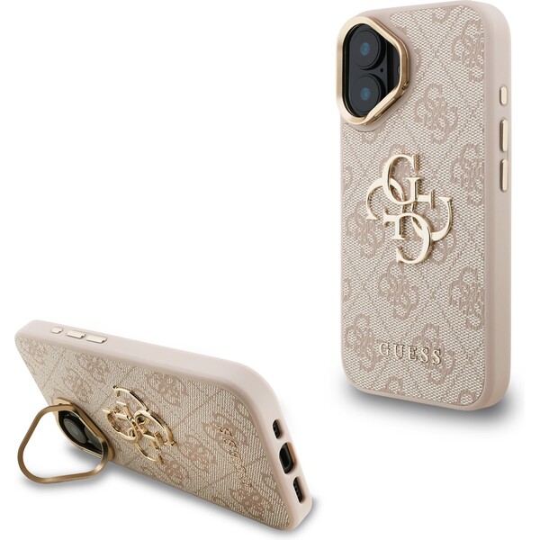 Guess PU 4G Metal Logo Stand Camera Frame kryt iPhone 16 růžový