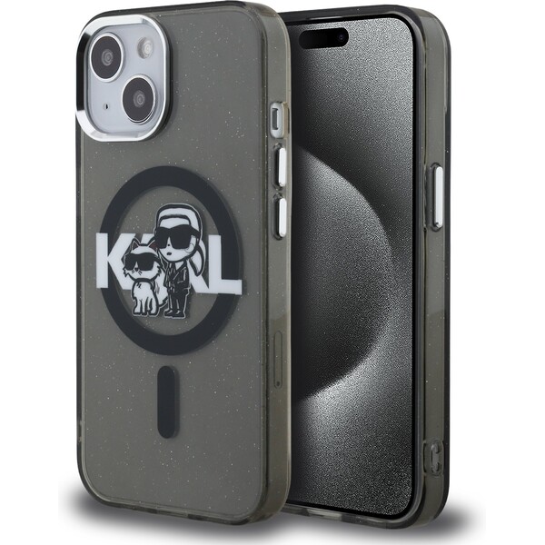 Karl Lagerfeld IML Glitter Karl and Choupette Sketch MagSafe kryt iPhone 15 černý