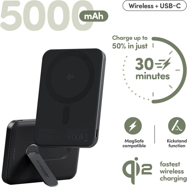 PanzerGlass® empower bezdrátová Qi2 powerbanka 5000 mAh, MagSafe, otočný stojánek, černá - Powerbanky - Obrázek d_095bee0c62e640aca6fde1f726bc0913