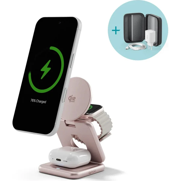 Epico UltraBase Qi2 MagSafe 25W 3v1 Fold kovový Mag+ bezdrátový nabíjecí stojánek růžový - Nabíječky - Obrázek d_5209e4d6f058449e9ea70f1b128266c2