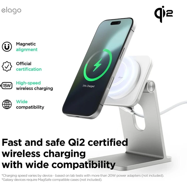 ELAGO Wireless Charging Aluminium Stand Qi2/MagSafe nabíjecí stojánek 15W bílý - Nabíječky - Obrázek d_655ef463ae8f48d791be36e20c8eb7f8