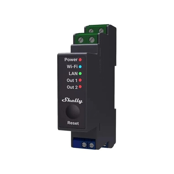 Shelly Pro 2 DIN Rail 2-channel Relay, WiFi/LAN Černá