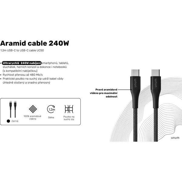 UNUM by Epico Aramid USB-C/USB-C kabel (240W) 1,2m, černý - Kabely a redukce - Obrázek d_a654d244ae9a416c8123f77f9129007c