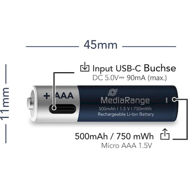 MediaRange nabíjecí USB-C Li-Ion baterie Micro AAA 1,5V 500 mAh 4ks - Baterie - Obrázek d_c95b61f83bfe42debc15a6f34df800b9
