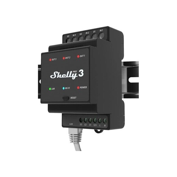 Shelly Pro 3 DIN Rail 3-channel Relay, WiFi/LAN Černá