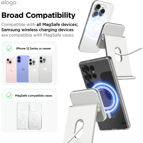 ELAGO Wireless Charging Aluminium Stand Qi2/MagSafe nabíjecí stojánek 15W bílý - Nabíječky - Obrázek d_e1f19118d7c4473fb0b7c00bb1a73215