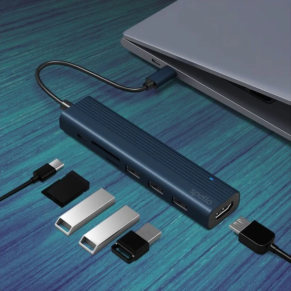 Spello USB-C Hub Slim 7v1, 100W USB-C PD, 3× USB-A, HDMI, slot na SD/TF kartu temně inkoustový - USB huby - Obrázek d_ed5487e8796a4e468add1e71bc8db713