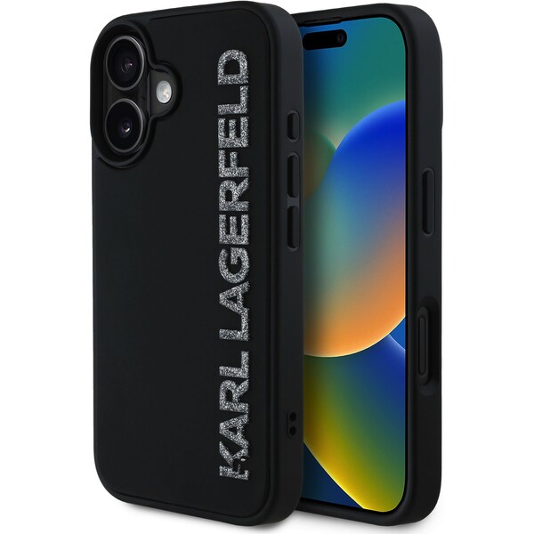 Karl Lagerfeld 3D Rubber Glitter Logo kryt iPhone 16 černý