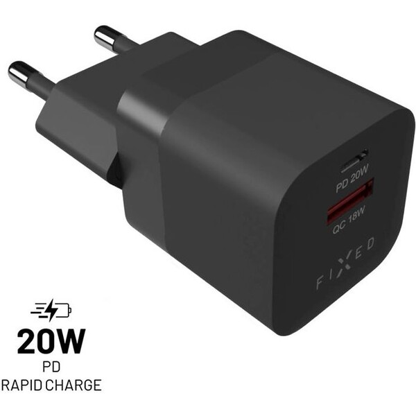 FIXED Mini nabíječka s USB-C a USB-A výstupem PD 20W a QC 3.0 černá