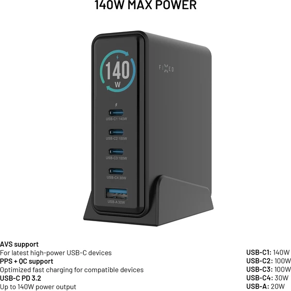 FIXED GaN nabíjecí stanice s displejem, USB-C a USB, PD 3.2 (140W) černá - Nabíječky - Obrázek dcd120e2f6f74e4792cfb2cae1db527a