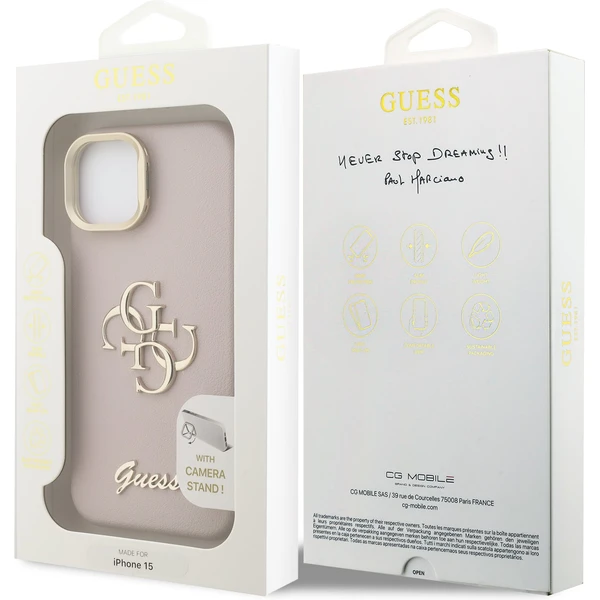 Guess PU Grained 4G Logo Stand Camera Frame kryt iPhone 15 růžový - Pouzdra - Obrázek dd1882893b584214b21bc9abf7b67788