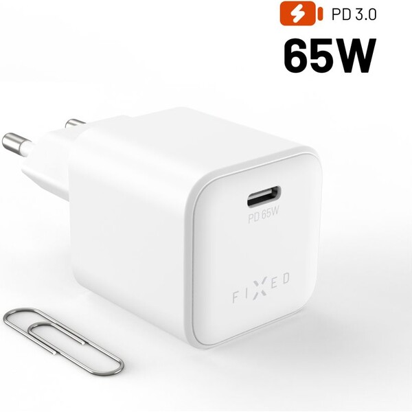 FIXED Mini GaN nabíječka s USB-C a podporou PD, 65W, bílá