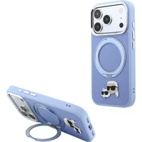 Karl Lagerfeld PU Grained K&CH Heads Ring Stand Magsafe kryt iPhone 18 Pro modrý - Pouzdra