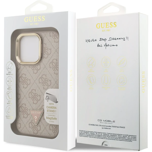 Guess PU 4G Strass Triangle Logo Stand Camera Frame MagSafe kryt iPhone 16 Pro růžový - Pouzdra - Obrázek e028c98608604d8cb393307bd28b4631