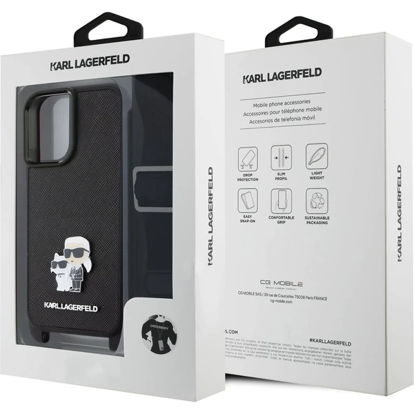 Karl Lagerfeld Saffiano Crossbody Popruh Metal Karl and Choupette kryt pro iPhone 16 černý - Pouzdra - Obrázek e08361be5603482e870046a82588b789