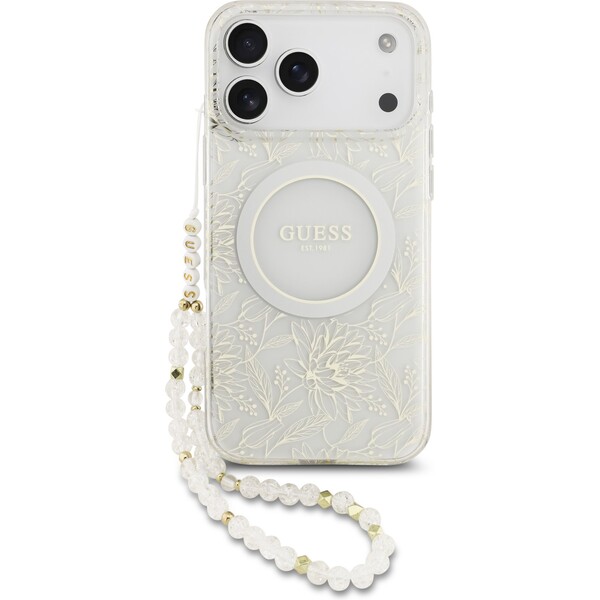 Guess IML Flowers Allover Strap MagSafe kryt iPhone 17 Pro Max bílý