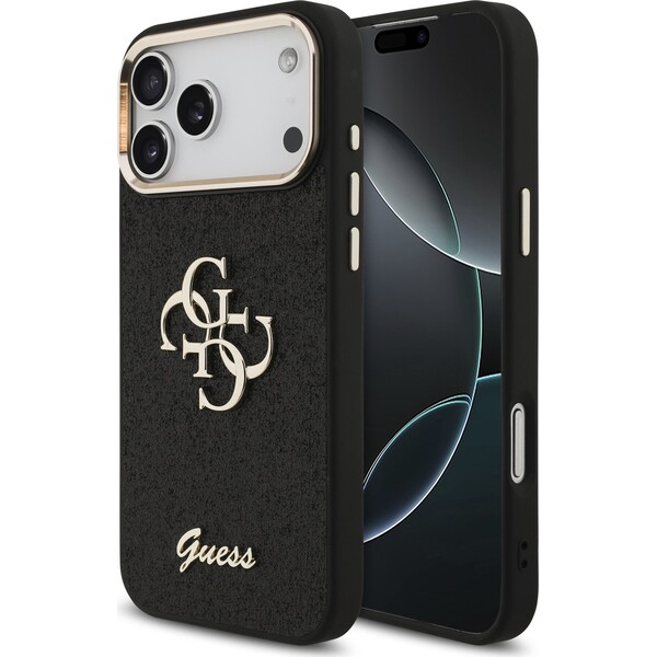 Guess PU Fixed Glitter 4G Metal Frame kryt iPhone 17 Pro Max černý