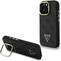 Guess PU 4G Strass Triangle Logo Stand Camera Frame MagSafe kryt iPhone 15 Pro Max černý - Pouzdra