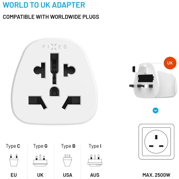 FIXED UK adaptér pro zapojení UK, US, AUS nabíječek do UK zásuvek bílý - Nabíječky - Obrázek e33fb68e7bbd40659e95164b76032f7f