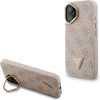 Guess PU 4G Strass Triangle Logo Stand Camera Frame MagSafe kryt iPhone 16 růžový - Pouzdra