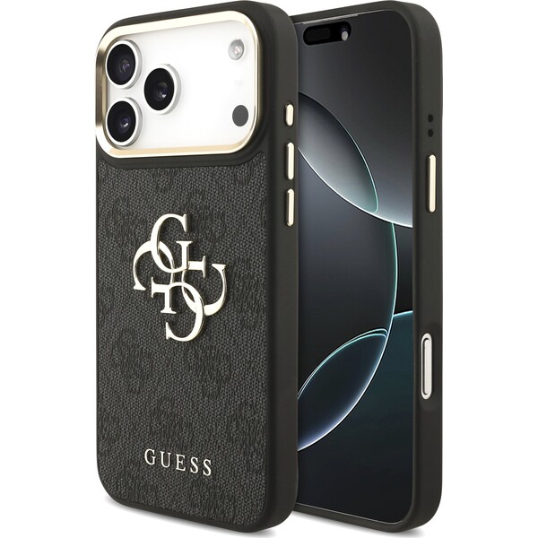 Guess PU Leather 4G Metal Logo Gold Frame kryt iPhone 18 Pro Max černý
