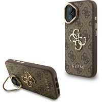Guess PU 4G Metal Logo Stand Camera Frame kryt iPhone 16 hnědý - Pouzdra